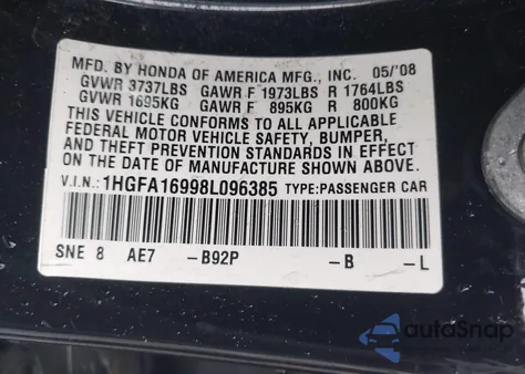 2008 Honda Civic Ex-L из США, поврежденный, VIN 1HGFA16998L096385